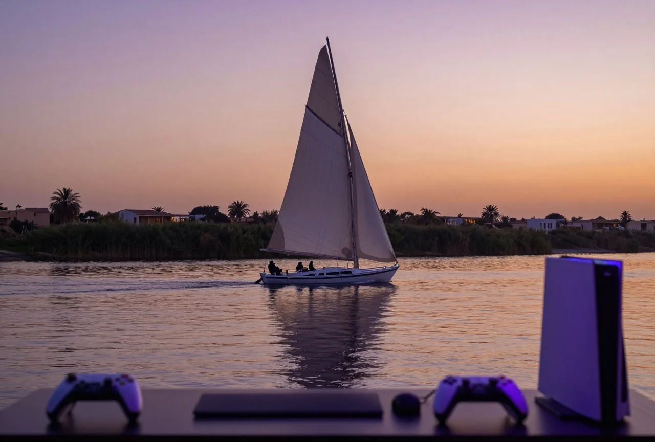 Segelboot auf dem Nil in der Abenddämmerung, das Wasser spiegelt den orangefarbenen Himmel