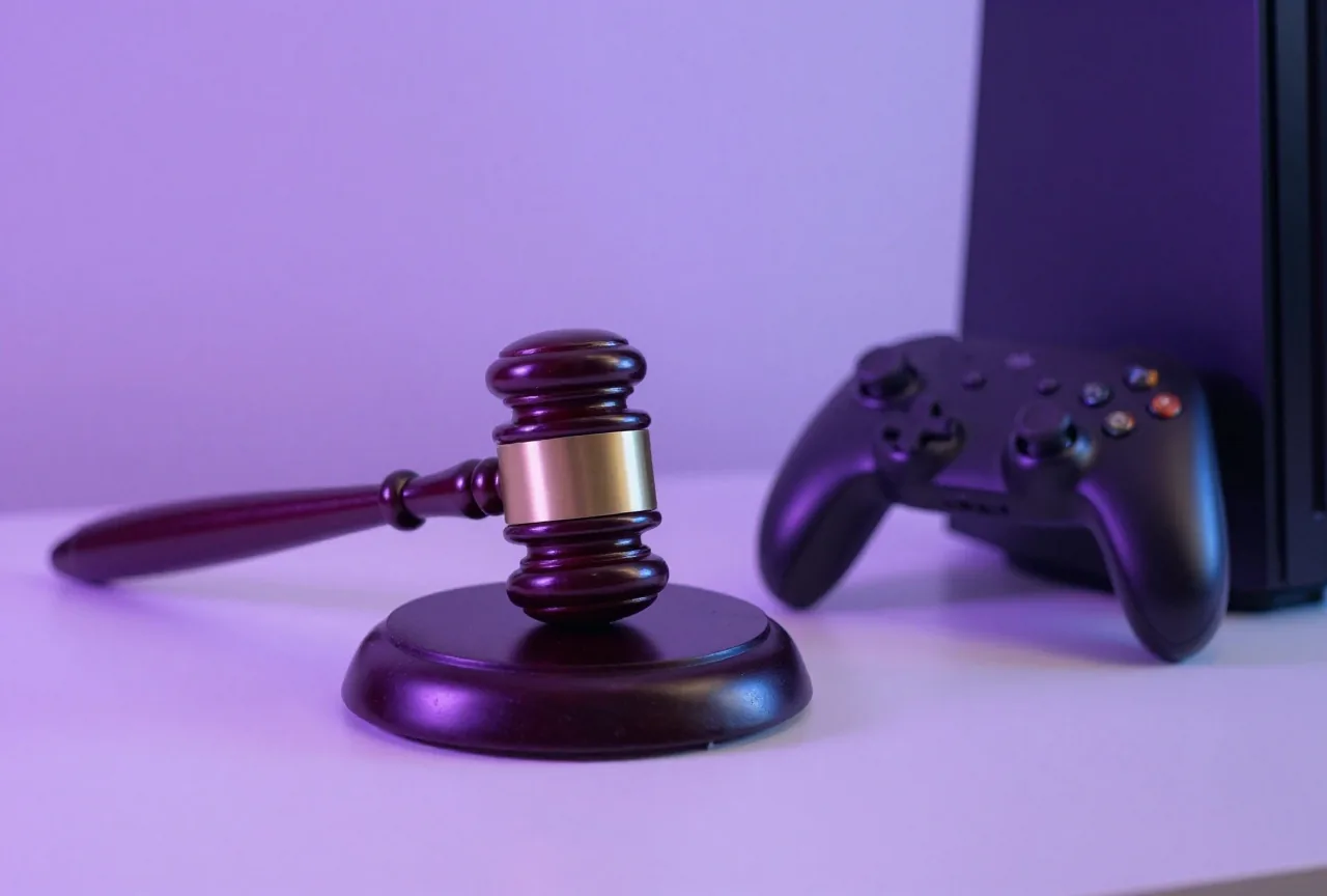 Richterhammer aus Holz auf einem Schreibtisch neben einem Gamepad vor weichem violettem Hintergrundlicht