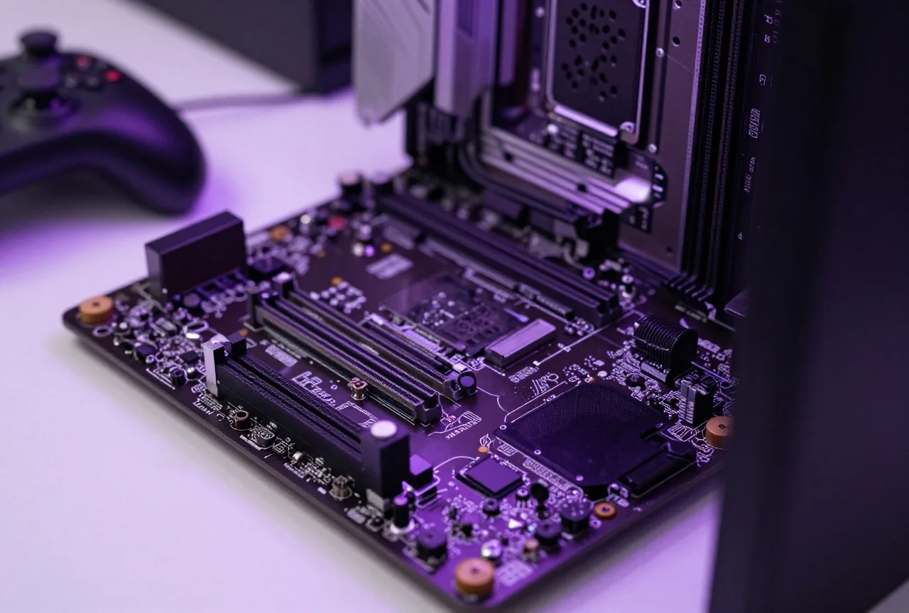 Nahaufnahme eines geöffneten PCs mit Mainboard, Arbeitsspeicher und kleinem Sicherheitschip in violettem Licht