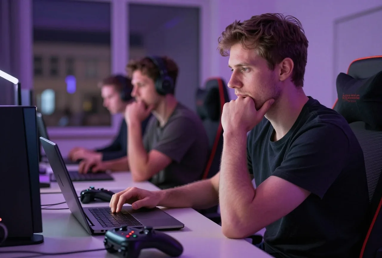 Mann um die dreißig sitzt nachts nachdenklich vor einem zugeklappten Laptop, daneben liegt ein Gamepad