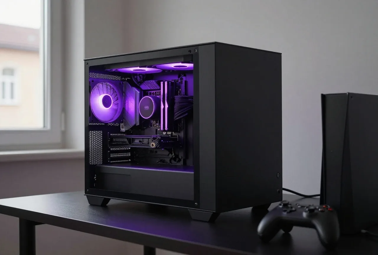 Spiele-PC mit violett leuchtenden Lüftern in einem dunklen Zimmer, seitlich gesehen, der Monitor ist aus