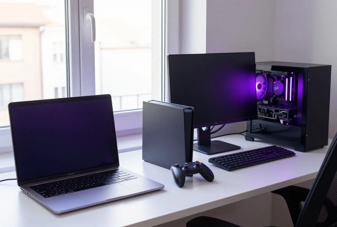 Arbeitslaptop und Spiele-PC mit violetter Beleuchtung auf zwei getrennten Tischen in einem hellen Arbeitszimmer