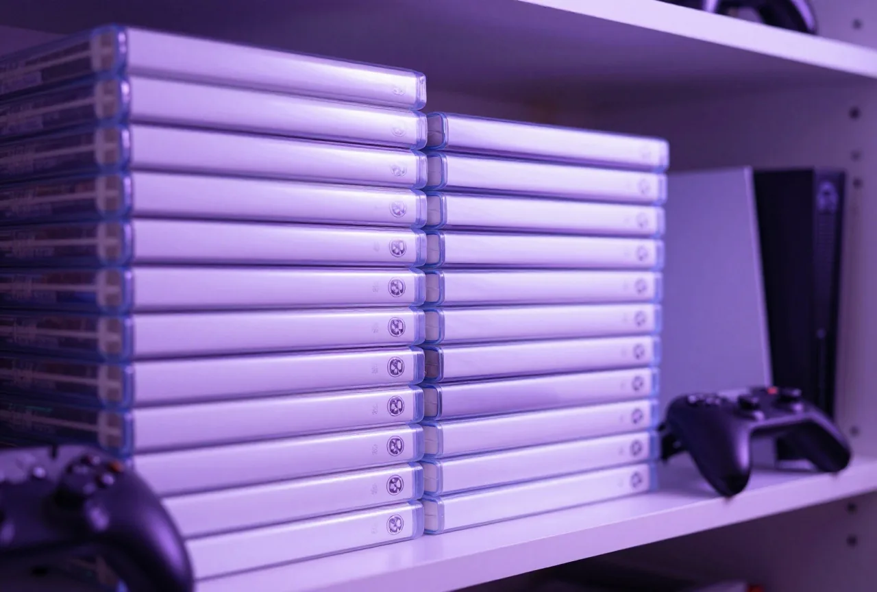 Regal mit ordentlich gestapelten Spielehüllen ohne Aufdruck in weichem violettem Licht, leicht unscharf