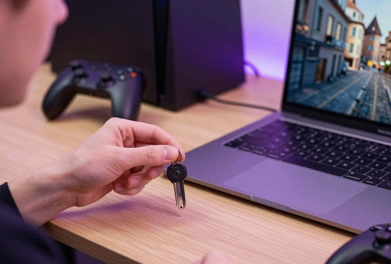 Hand hält einen kleinen Sicherheitsschlüssel neben einem zugeklappten Laptop auf einem Holztisch