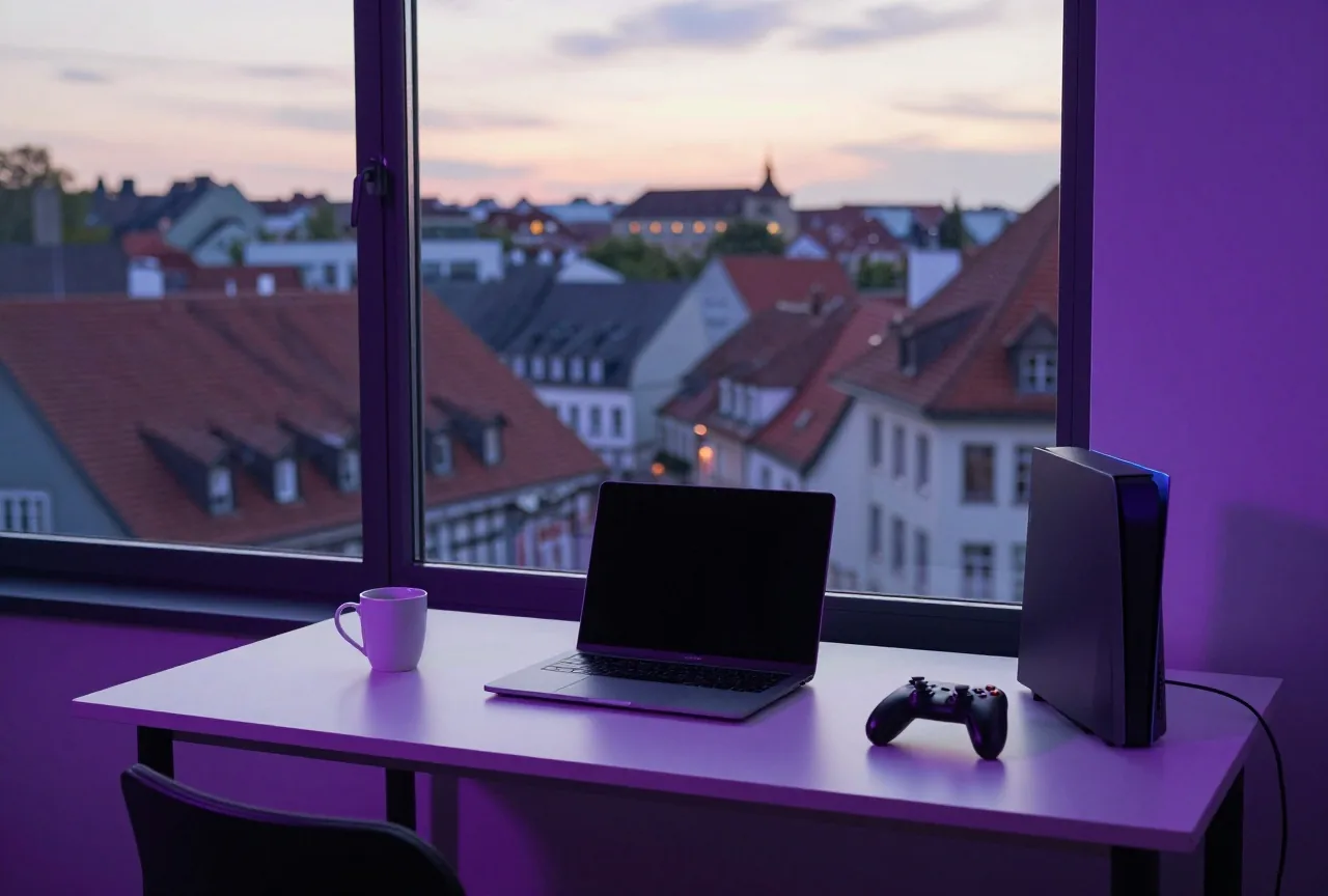 Kleines Büro mit Blick über die Dächer einer deutschen Stadt in der Dämmerung, auf dem Tisch ein zugeklappter Laptop