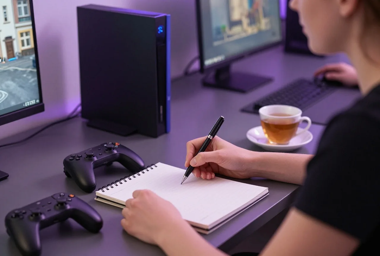Junge Frau schreibt am Küchentisch einen Brief von Hand, daneben liegen ein Gamepad und eine Tasse Tee