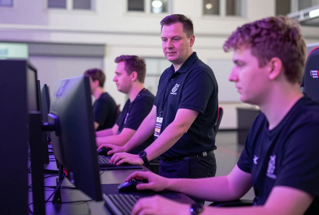 Turnierbetreuer steht hinter einem Spielertisch bei einem LAN-Turnier, der Bildschirm ist ausgeschaltet