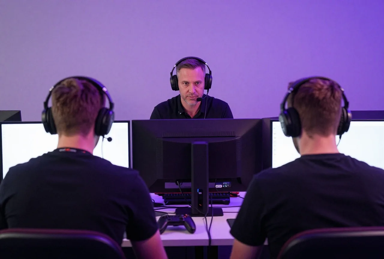 Trainer sitzt bei einem Turnier hinter zwei Spielern, alle tragen Headsets und sind von hinten zu sehen