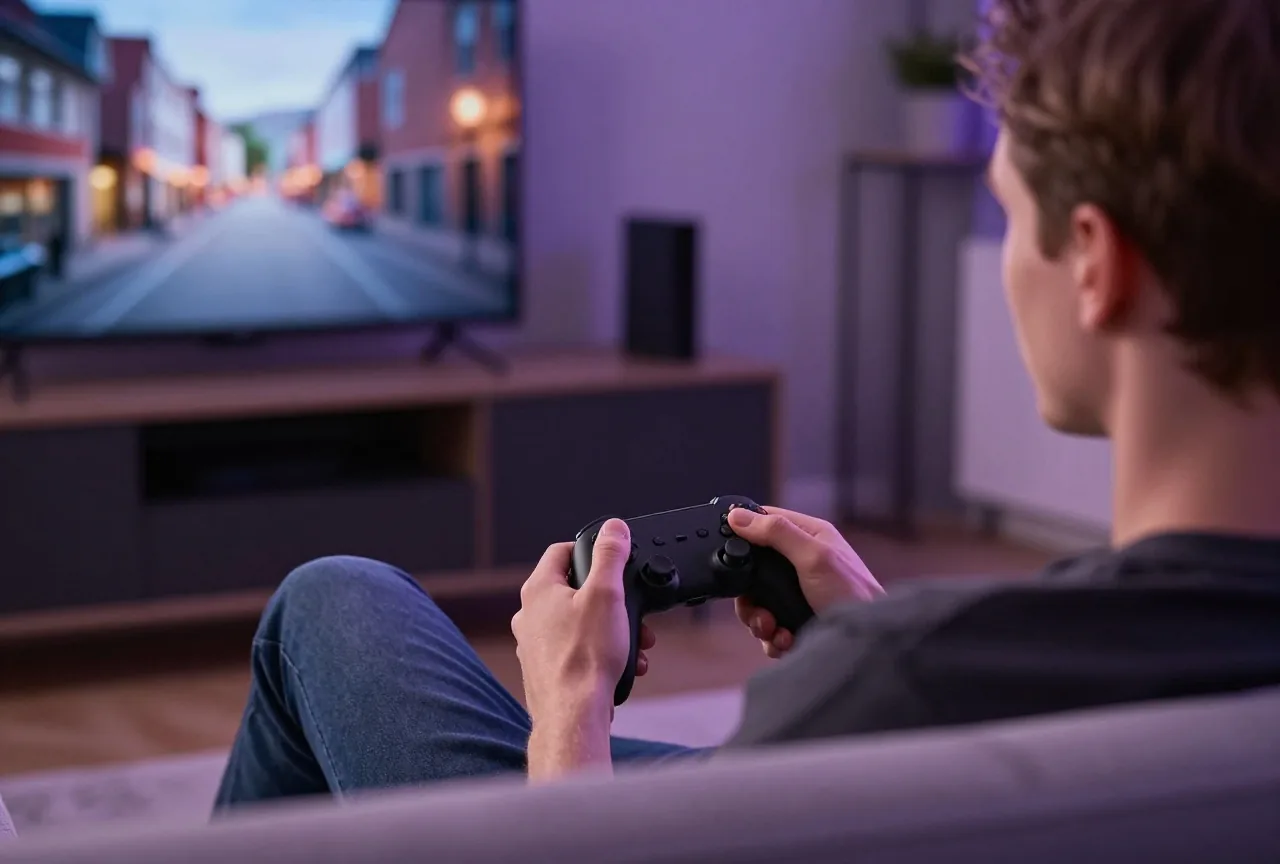 Junger Erwachsener spielt abends auf dem Sofa mit Controller, von hinten gesehen