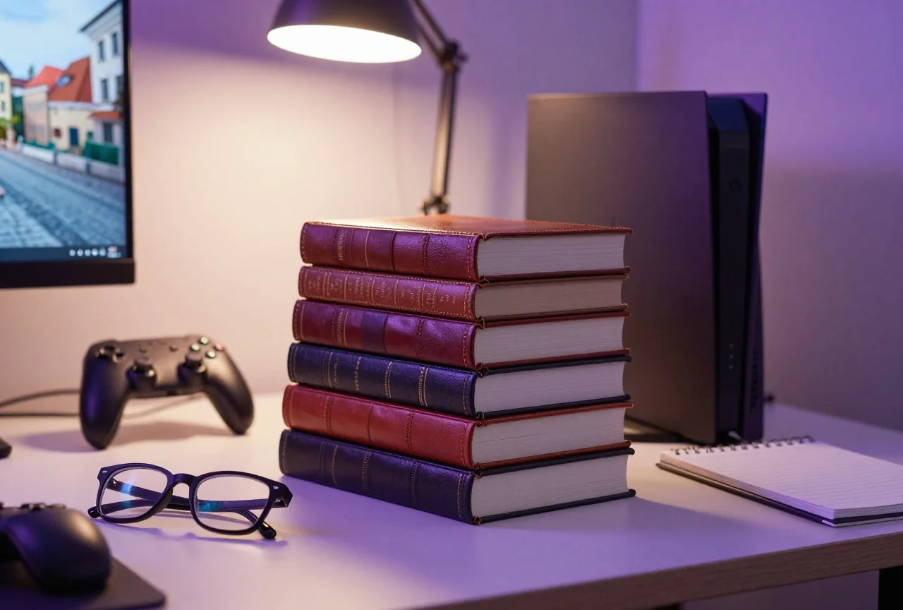 Geschlossene Gesetzbücher ohne lesbare Titel auf einem Schreibtisch neben Brille und Notizblock
