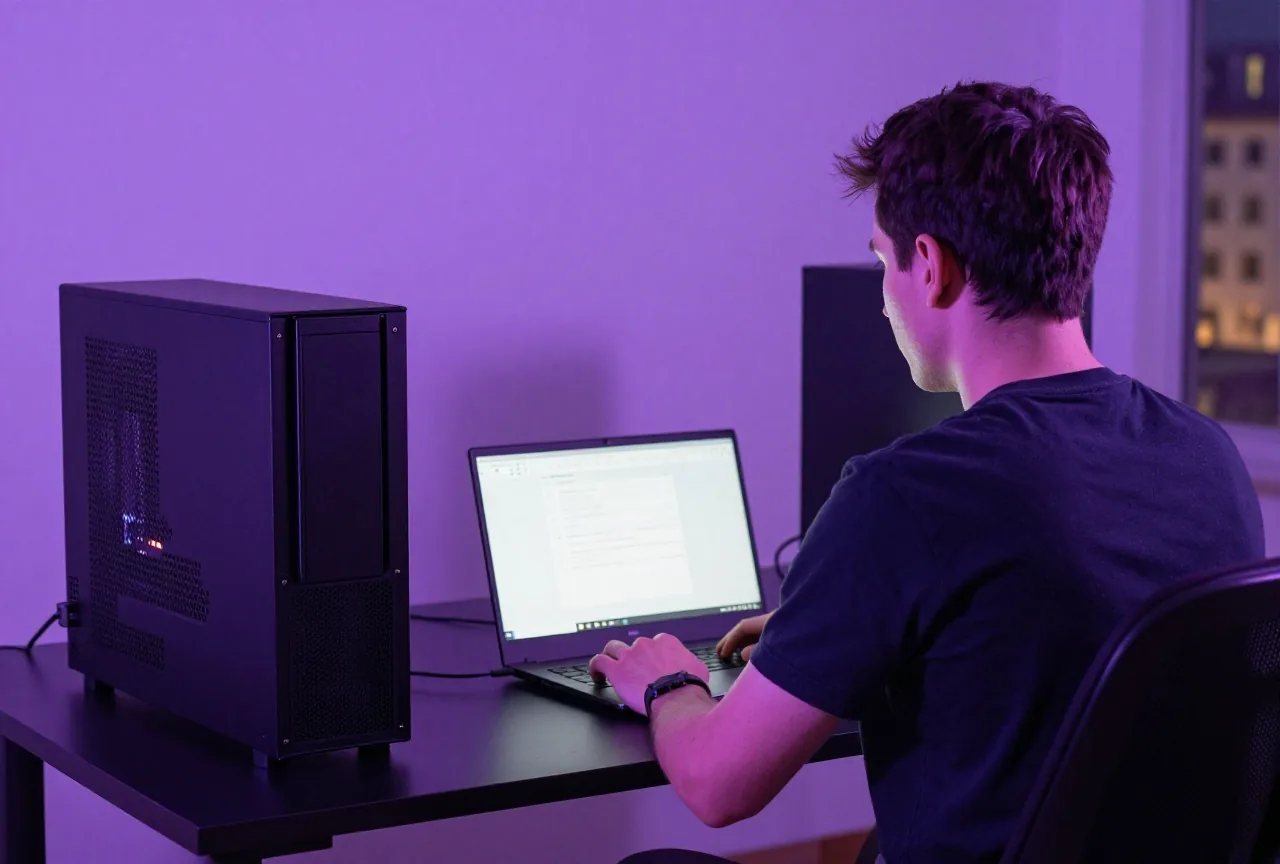 Techniker sitzt nachts vor einem Laptop, daneben ein geöffneter PC, gedämpftes violettes Licht