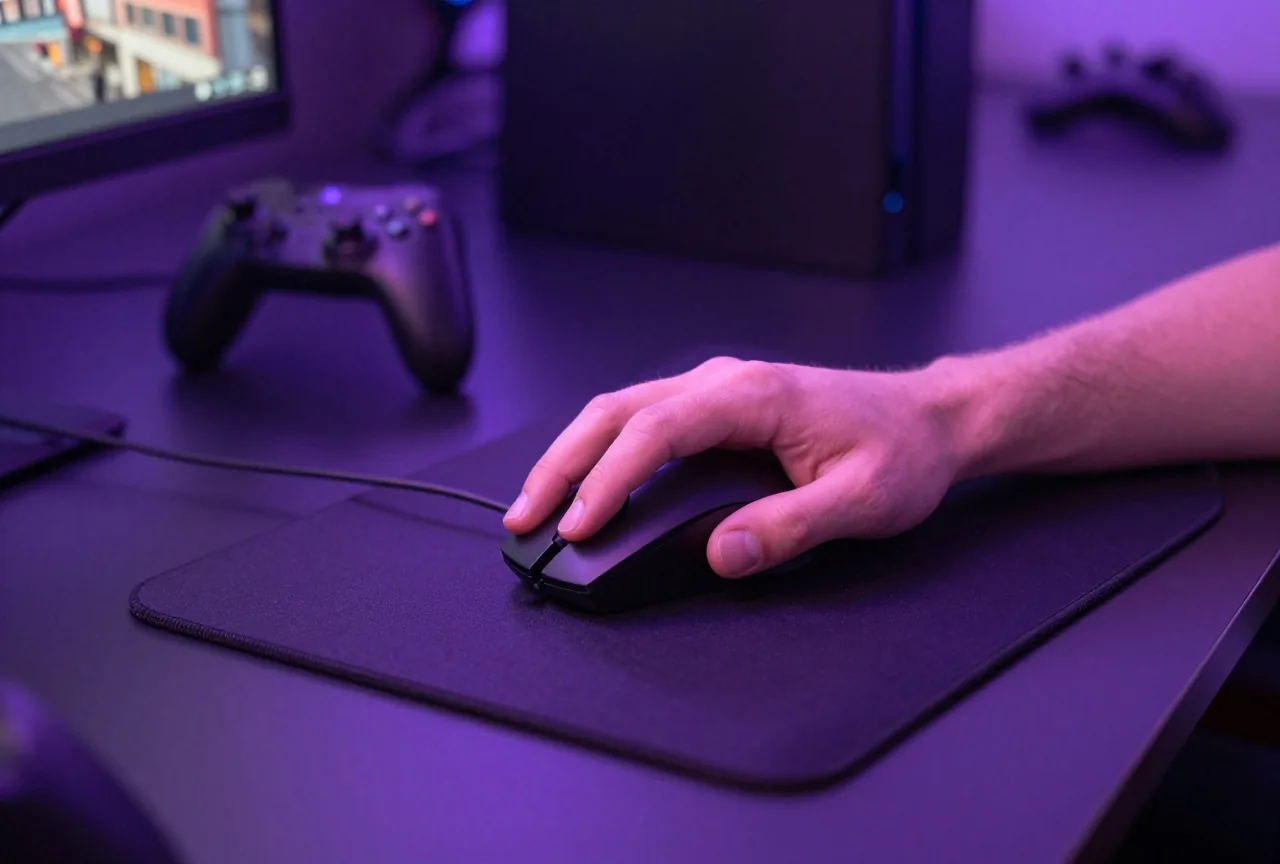 Hand bewegt eine Gaming-Maus schnell über ein großes Mauspad, violettes Umgebungslicht