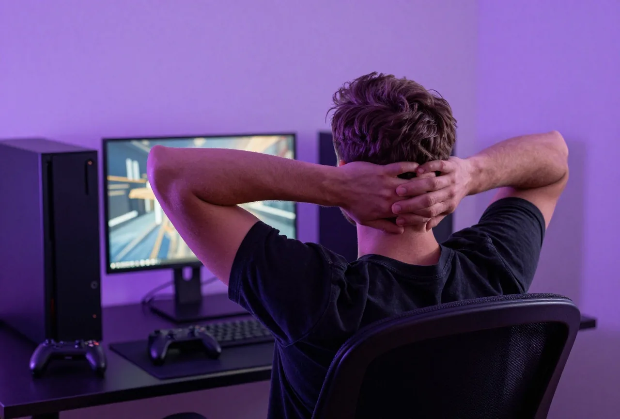 Junger Mann sitzt von hinten gesehen in einem dunklen Zimmer zurückgelehnt vor seinem Schreibtisch