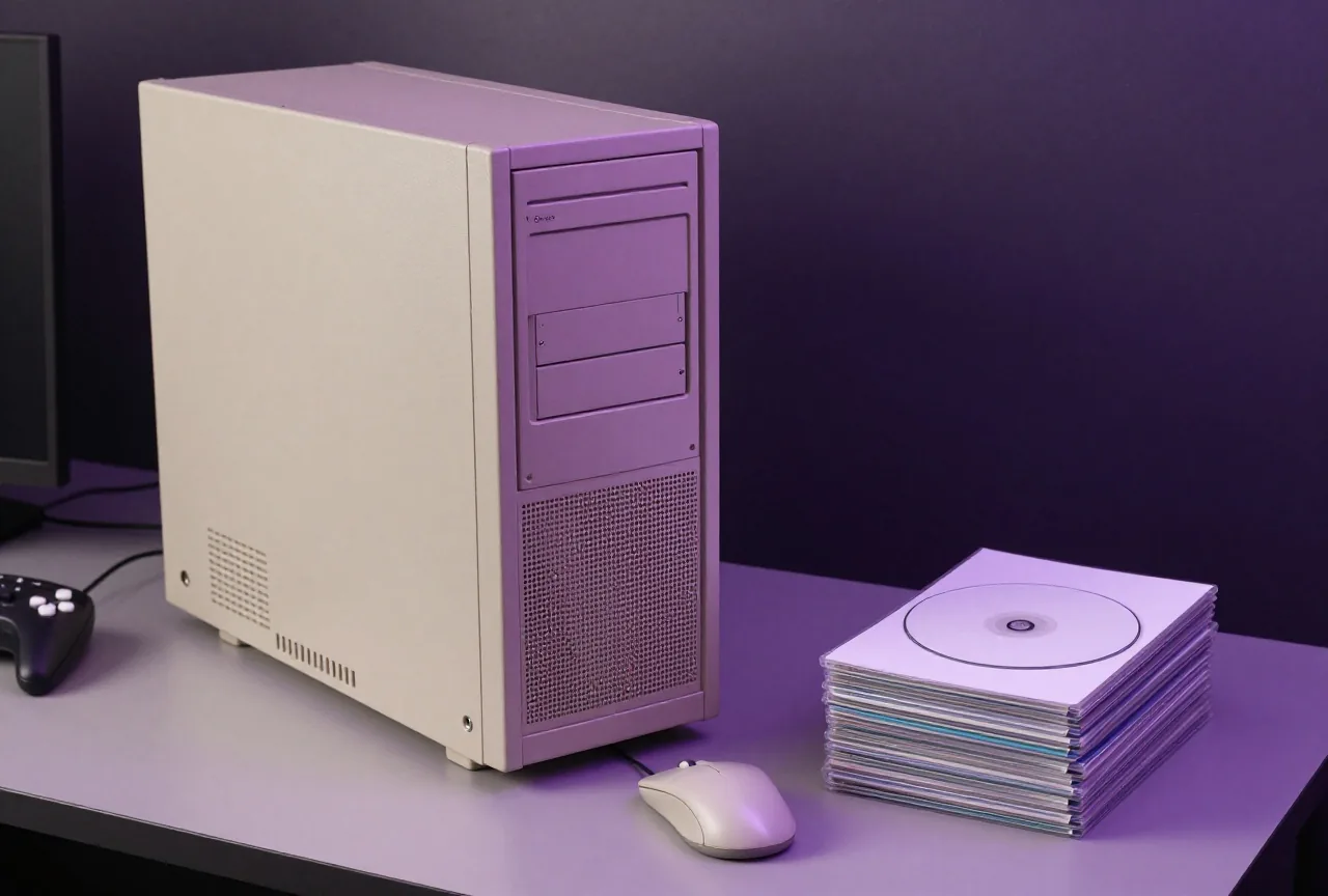 Computerzimmer im Stil der frühen 2000er mit beigem Rechner, ausgeschaltetem Röhrenmonitor und Spieldisks ohne Aufdruck