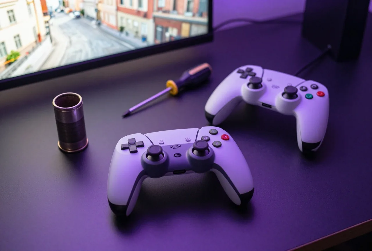 Steckmodul ohne Aufdruck, modernes Gamepad und ein kleiner Schraubendreher auf einem dunklen Tisch