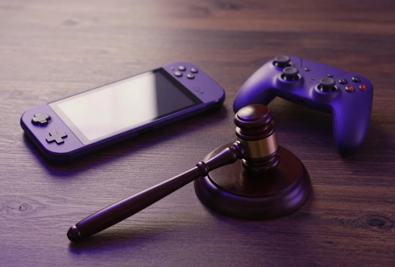 Richterhammer neben einer zugeklappten Handkonsole und einem Gamepad auf dunklem Holztisch
