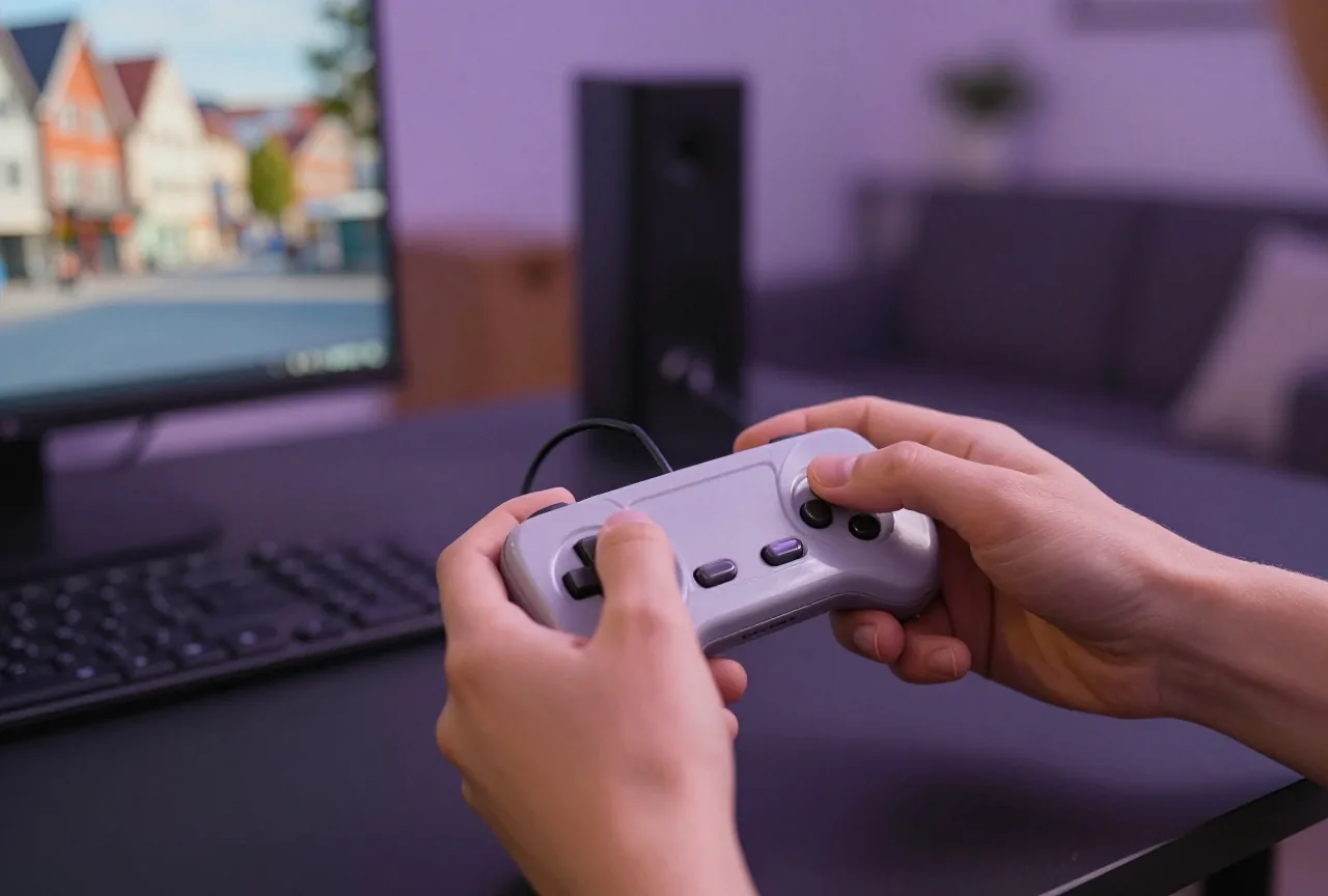 Hände halten ein Retro-Gamepad und drücken das Steuerkreuz, im Hintergrund ein unscharfes Wohnzimmer