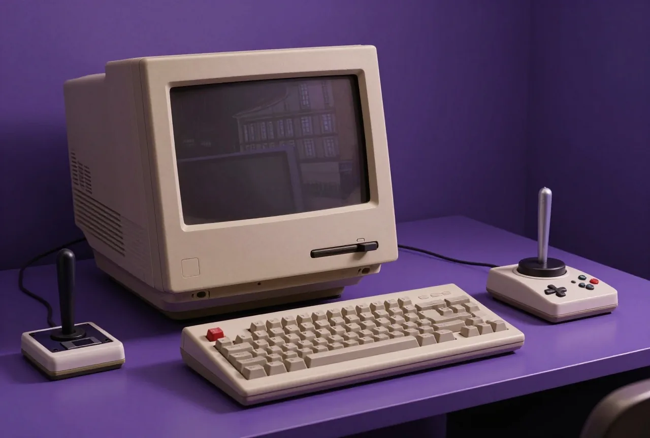Alter beiger Heimcomputer aus den 1980ern mit Diskettenlaufwerk und Joystick auf einem Schreibtisch
