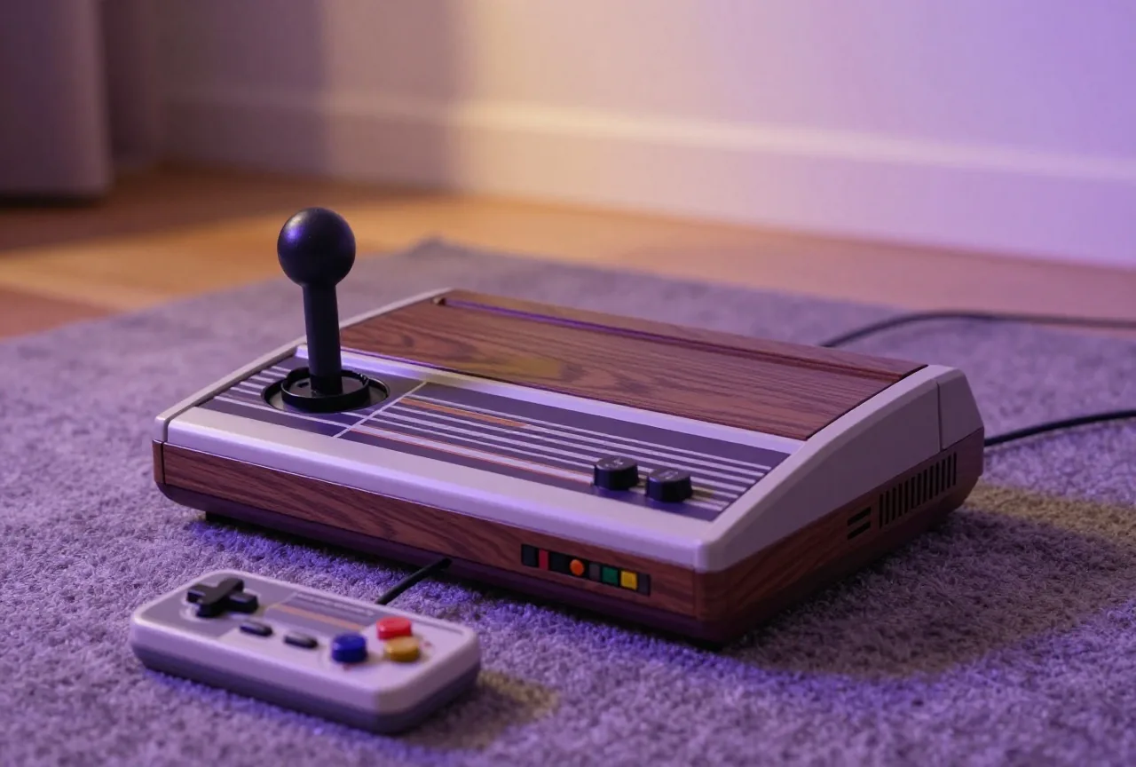 Alte Spielkonsole im Holzdekor mit Joystick auf einem Teppich im warmen Licht einer Lampe