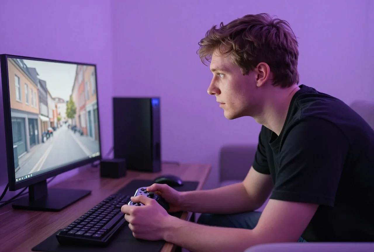 Junger Mann auf dem Sofa beugt sich neugierig mit Gamepad nach vorn, Bildschirm von hinten gesehen