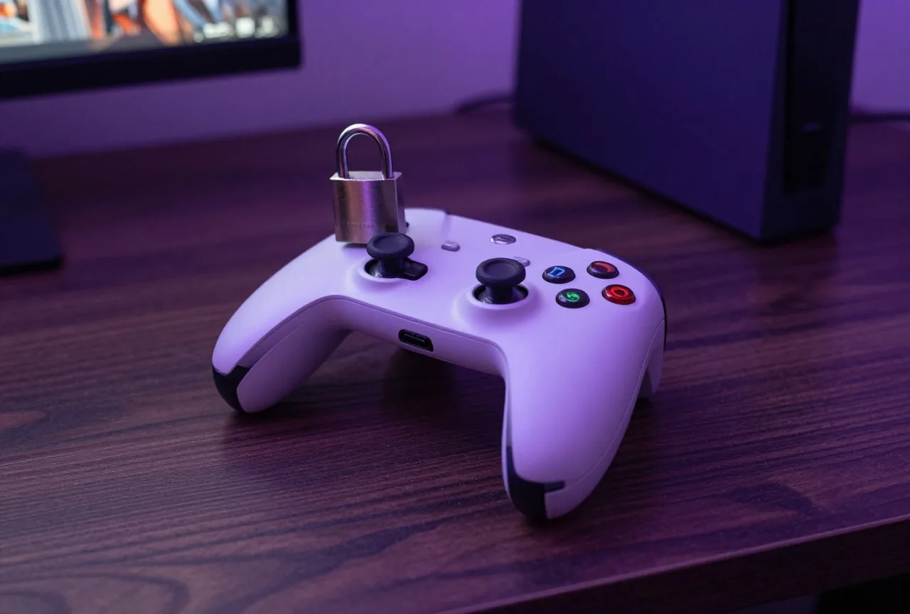 Geschlossenes Vorhängeschloss liegt auf einem kabellosen Controller auf dunklem Holztisch