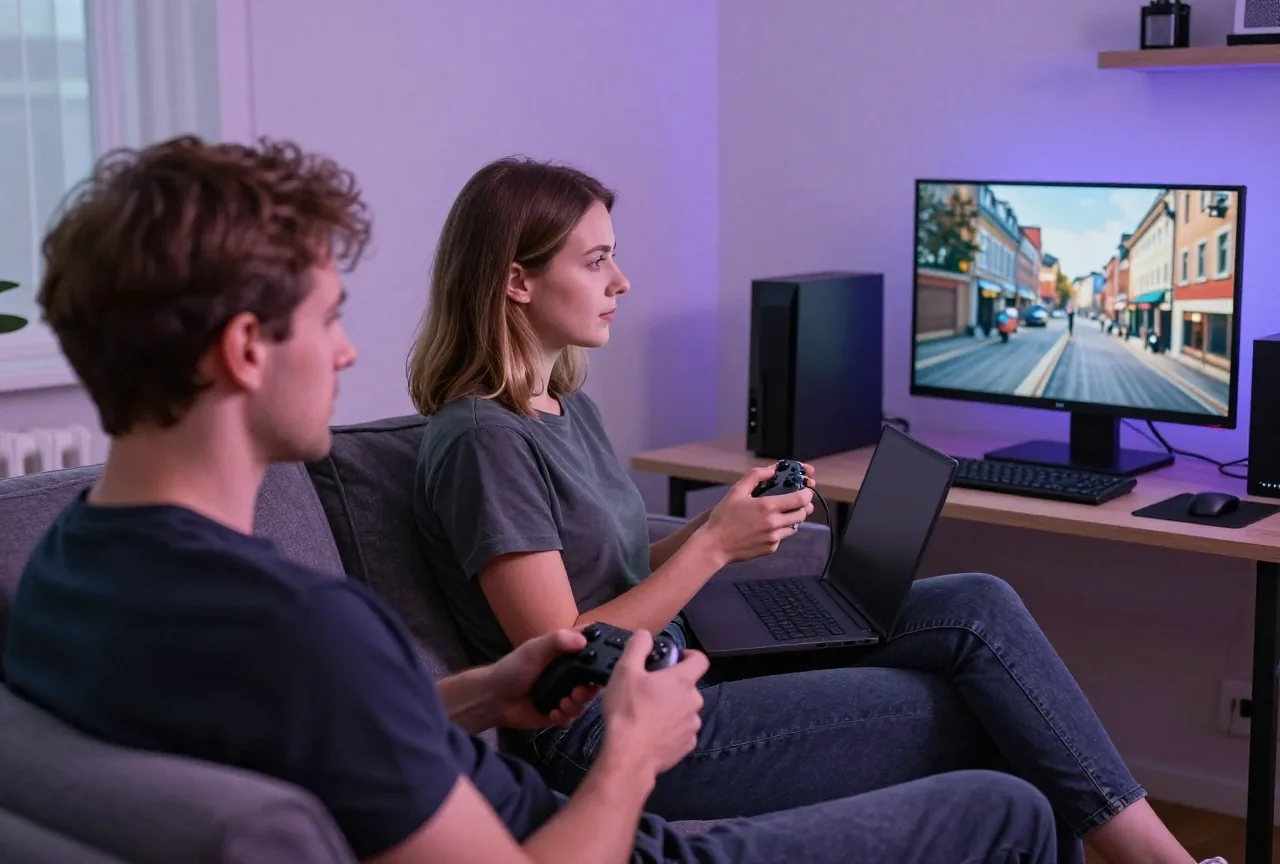 Frau um die 35 mit Controller und Mann um die 40 mit Laptop entspannt abends auf dem Sofa