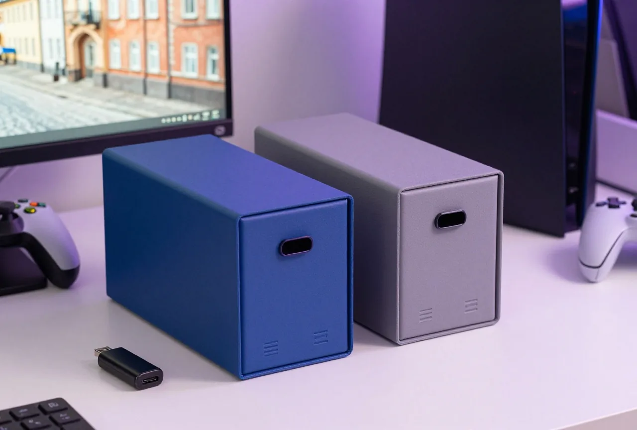 Eine blaue und eine graue Aufbewahrungsbox nebeneinander auf einem Schreibtisch neben USB-Stick und Gamepad