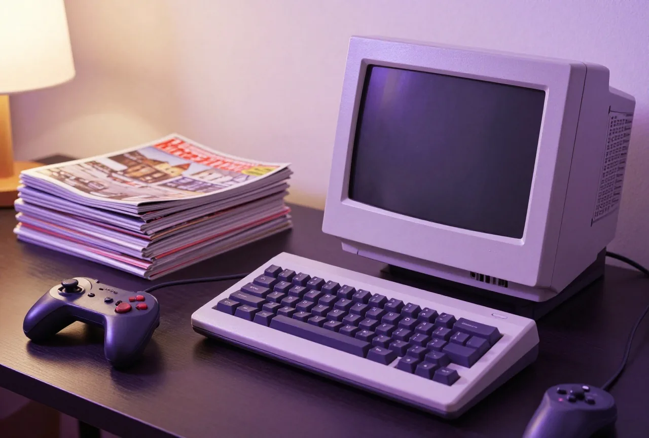 Kleiner Heimcomputer mit Gummitasten neben einem Stapel Zeitschriften ohne Titel im Lampenlicht