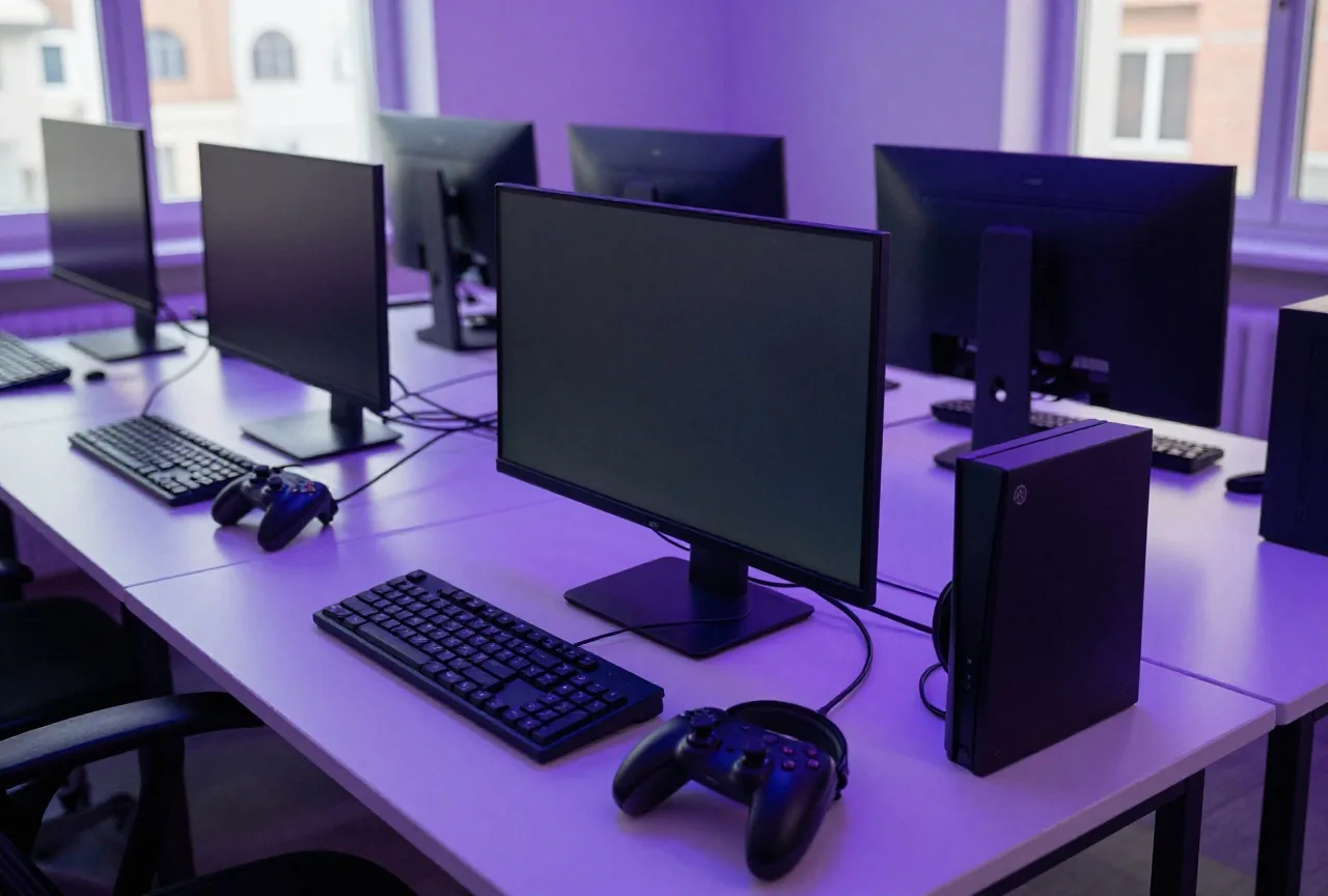 Dunkler Raum mit mehreren Computern auf langen Tischen, Monitore aus, Kabel und Headsets
