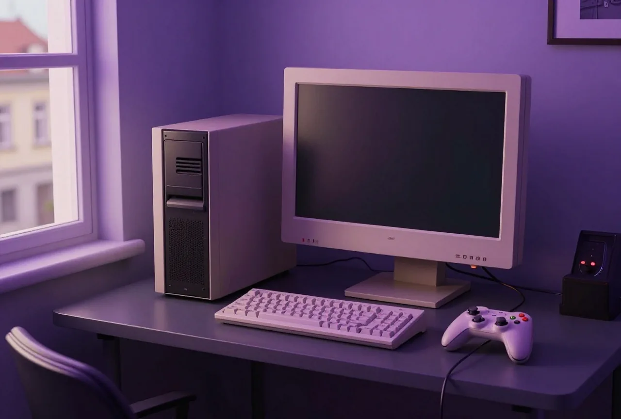 Schreibtisch aus den Neunzigern mit beigem Computer, ausgeschaltetem Röhrenmonitor und Tastatur im roten Licht