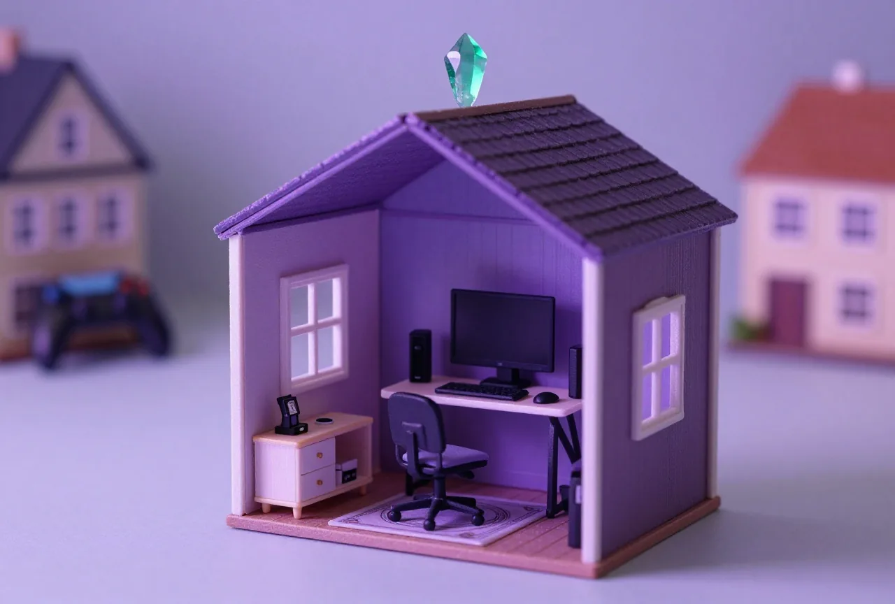 Miniatur-Puppenhaus mit kleinen Möbeln und einem grünen Kristall, der über dem Dach schwebt