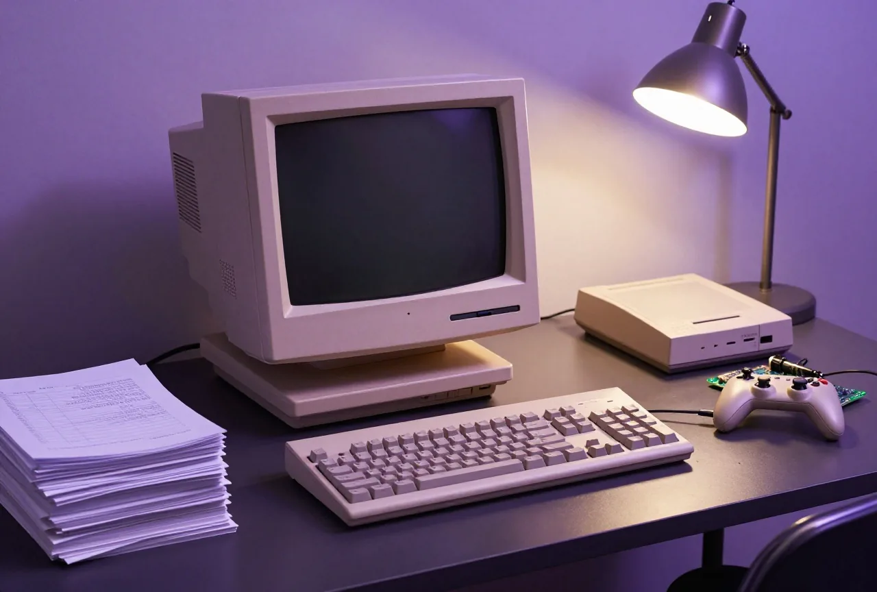 Schreibtisch aus den Achtzigern mit altem Computer, Lötkolben, Platine und Papierstapeln im Lampenlicht