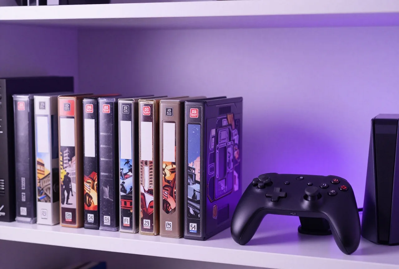 Reihe alter Spielmodule ohne Aufkleber neben einem modernen kabellosen Controller auf einem Regal