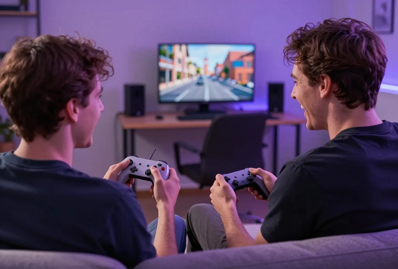 Zwei Freunde um die dreißig lachen auf dem Sofa, einer hält einen alten Controller