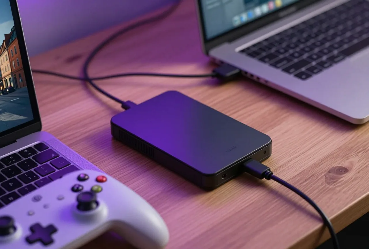 Externe Festplatte am zugeklappten Laptop auf einem Holztisch, daneben ein Gamepad im warmen Abendlicht