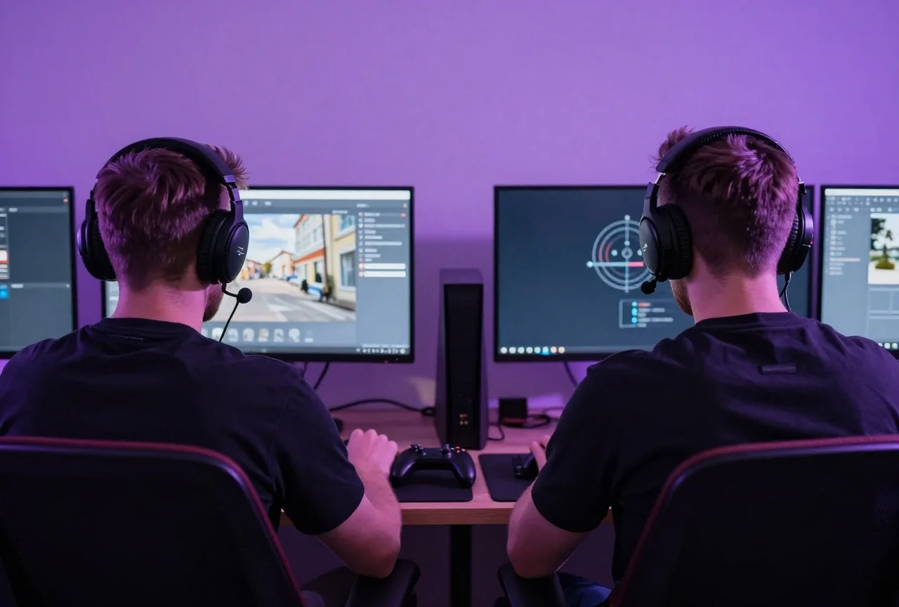 Zwei junge Erwachsene mit Headsets von hinten an einem Schreibtisch mit ausgeschalteten Monitoren