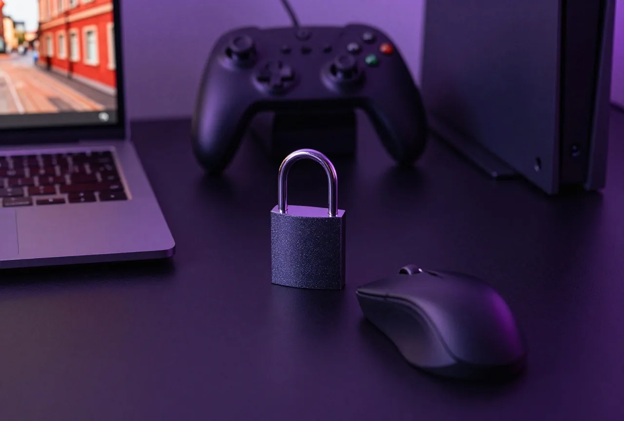 Vorhängeschloss und Maus auf dunklem Schreibtisch, dahinter ein von hinten gesehener Laptop mit rötlichem Schein