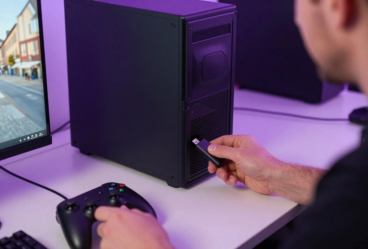 Mann um die 35 steckt einen USB-Stick in einen PC, auf dem Tisch liegt ein Gamepad