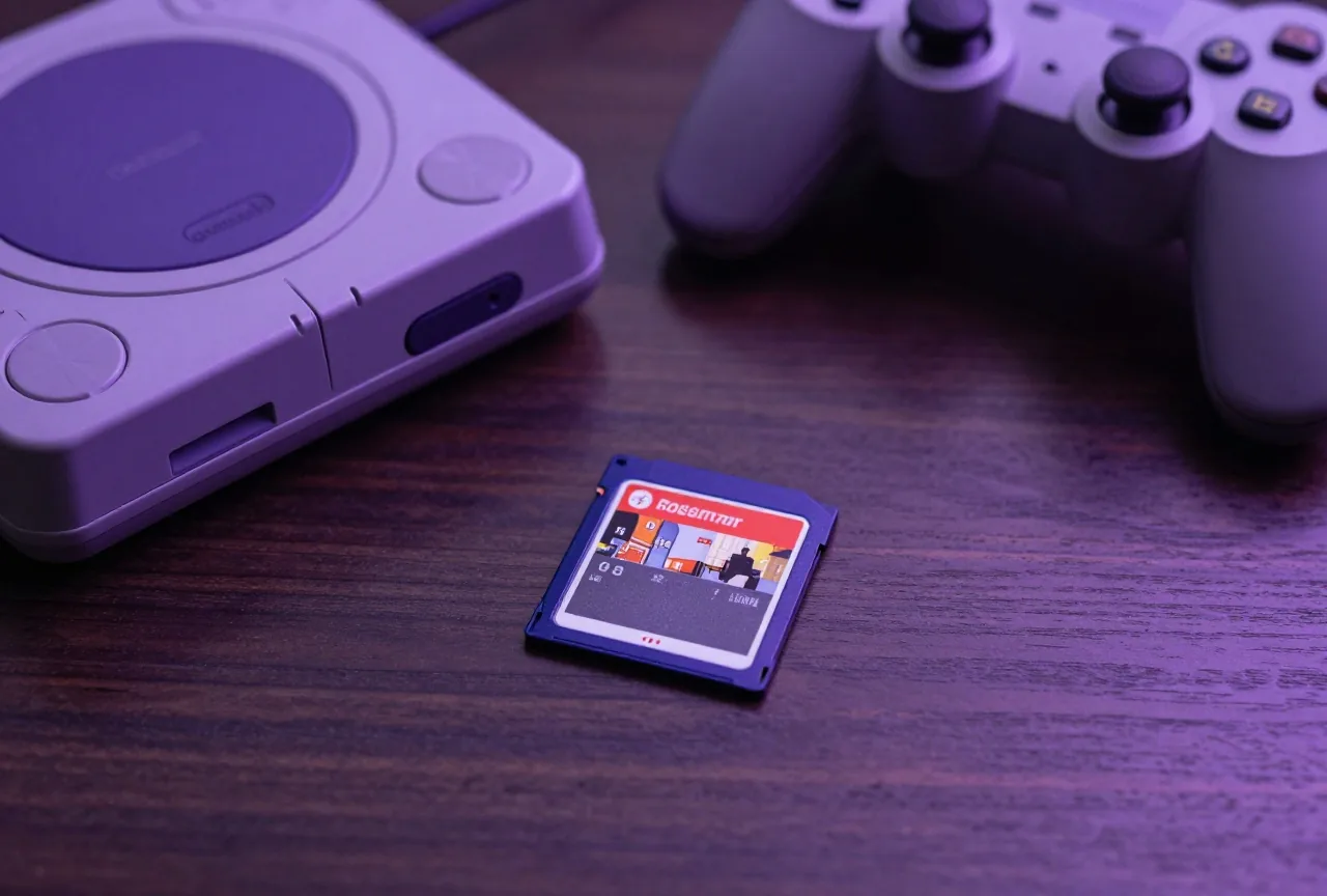 Alte Speicherkarte einer Spielkonsole neben einem Gamepad auf dunklem Holz, weiches Seitenlicht