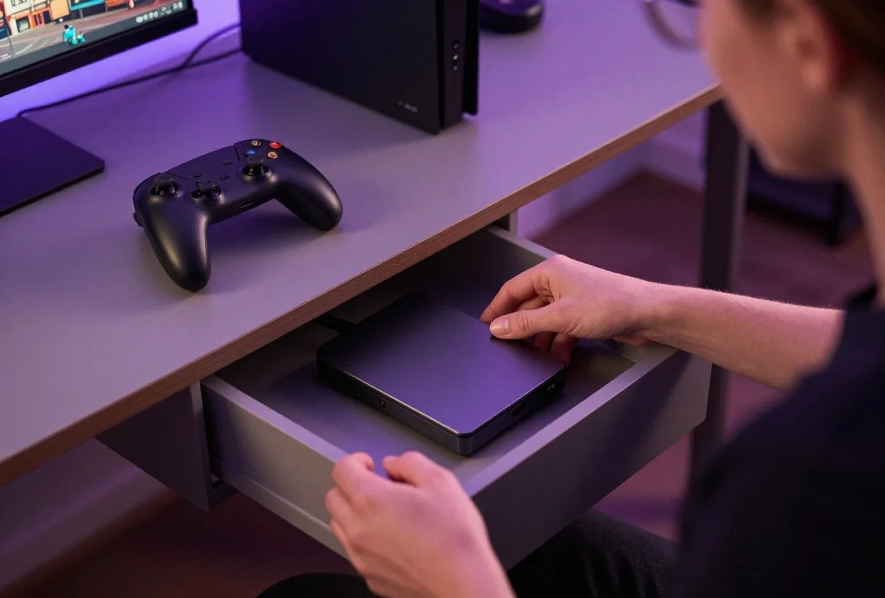 Frau um die dreißig legt eine externe Festplatte in eine Schreibtischschublade, auf dem Tisch ein Gamepad