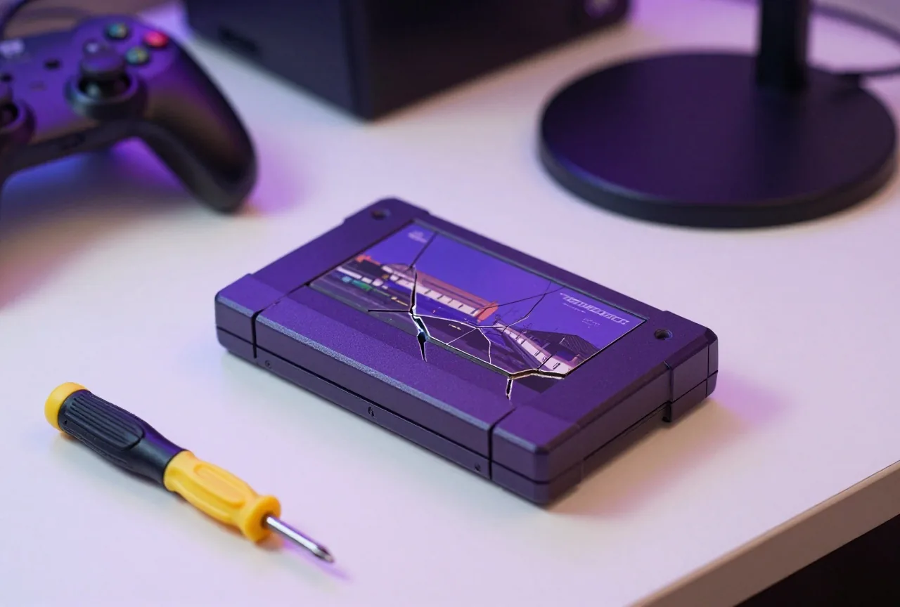 Nahaufnahme eines gesprungenen Spielmoduls und eines kleinen Schraubendrehers auf einer Werkbank