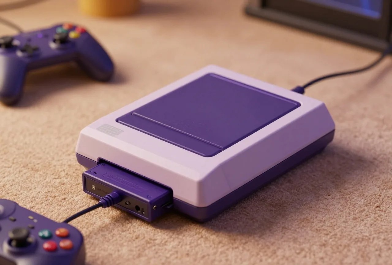 Retro-Spielkonsole mit eingestecktem Spielmodul und Zwischenadapter auf einem Teppich im warmen Licht