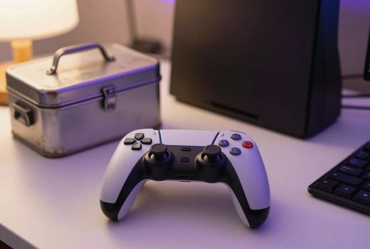 Nahaufnahme einer dunklen Tastatur auf einem vollen Schreibtisch, daneben eine Blechdose und ein Gamepad