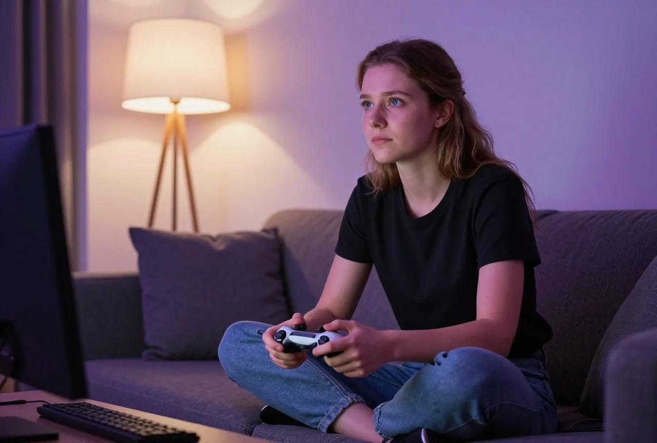 Junge Frau um die 25 sitzt nachts mit Controller auf dem Sofa und schaut nachdenklich, warmes Lampenlicht
