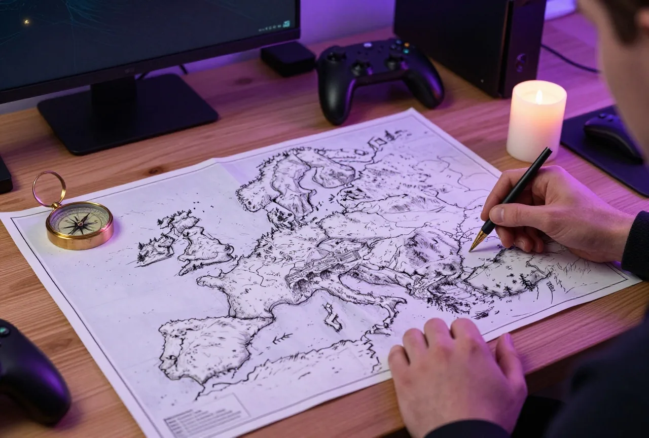 Alte gezeichnete Landkarte einer verschneiten Nordlandschaft auf einem Holztisch mit Kompass und Kerze