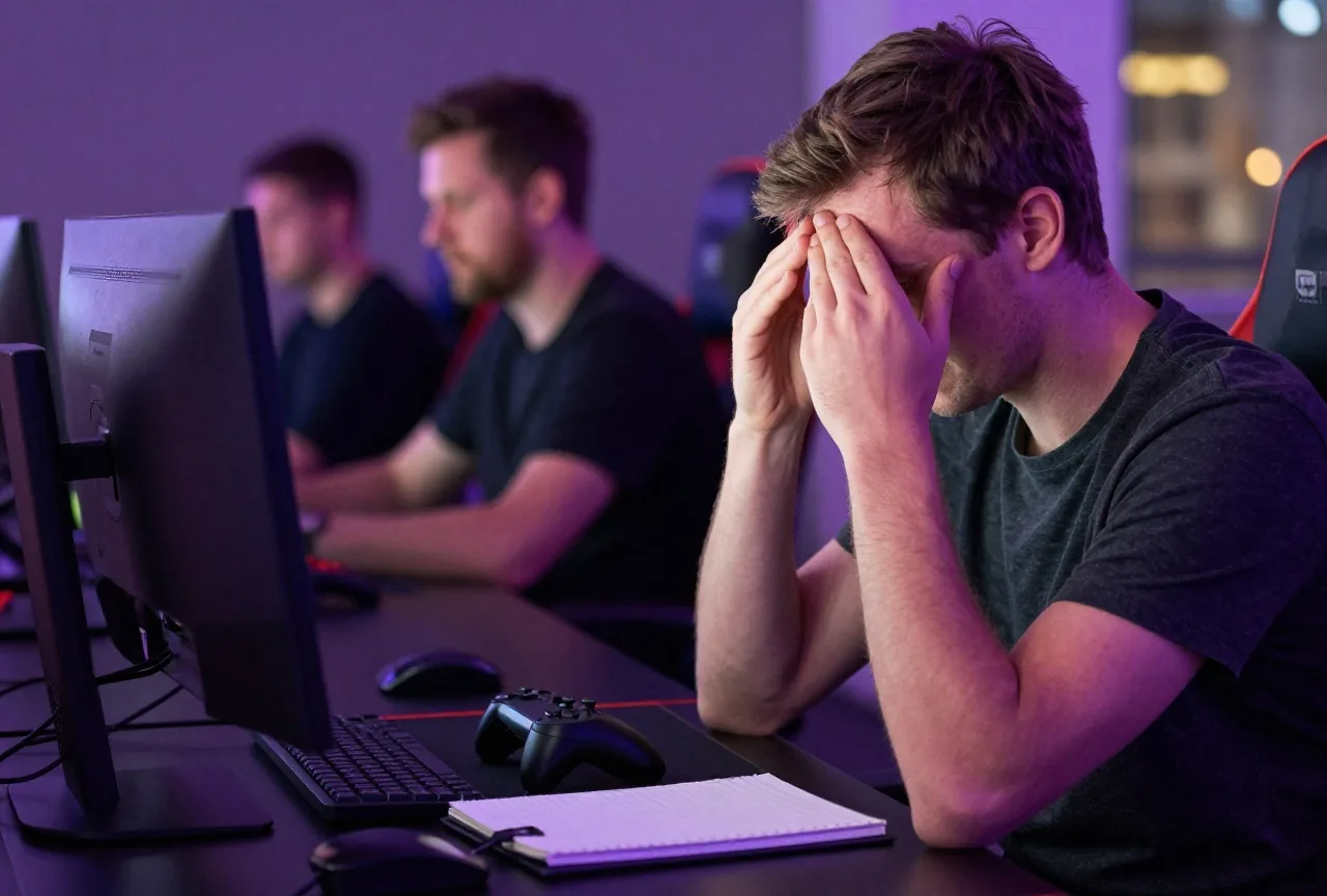 Mann um die 35 sitzt nachts am Schreibtisch und reibt sich die Stirn, vor ihm Controller und Notizbuch