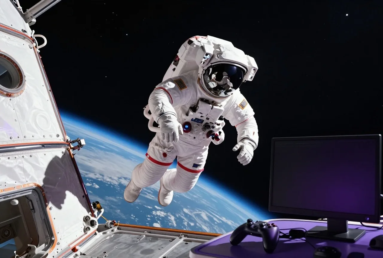 Astronaut im weißen Anzug schwebt schwerelos neben einem Raumschiff über einem blauen Planeten
