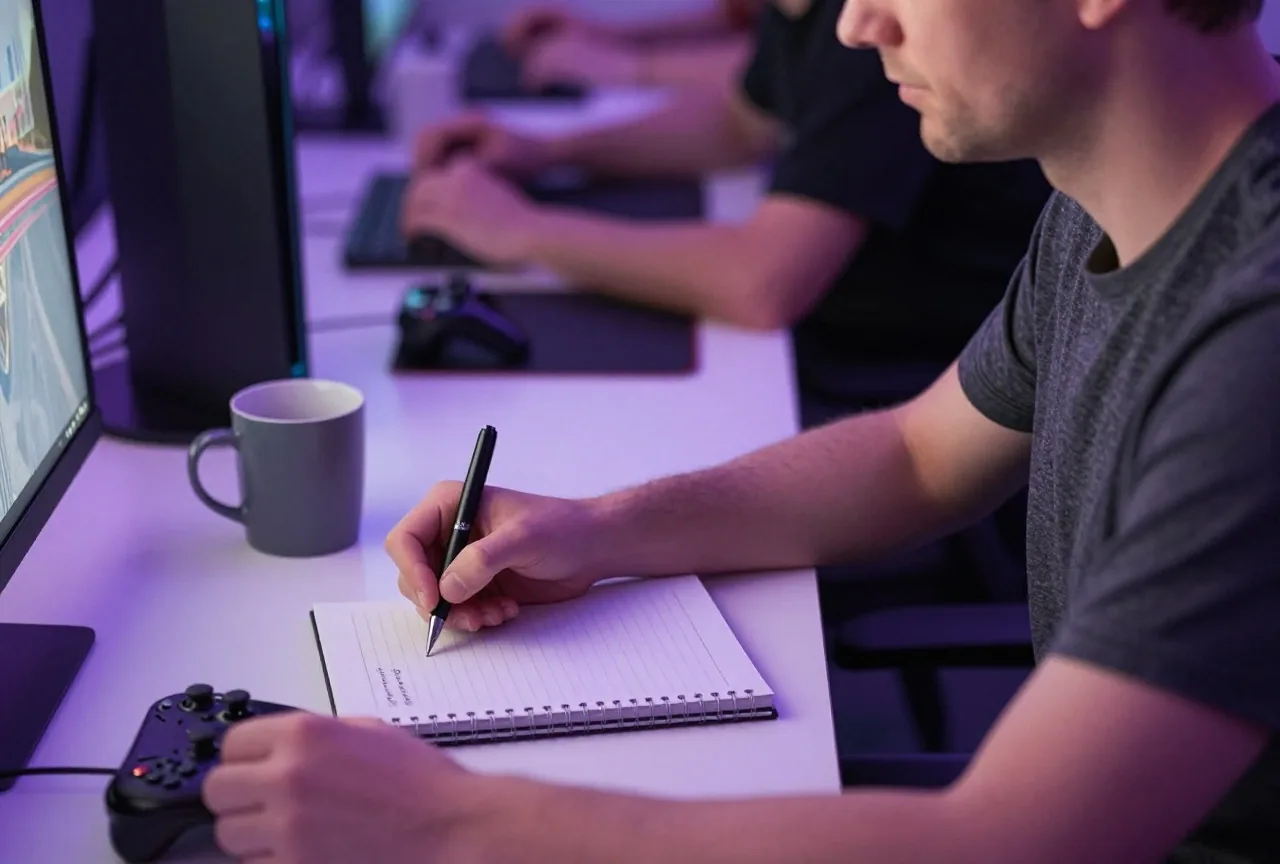 Mann um die 40 schreibt nachts am Schreibtisch in ein Notizbuch, daneben Gamepad und Tasse