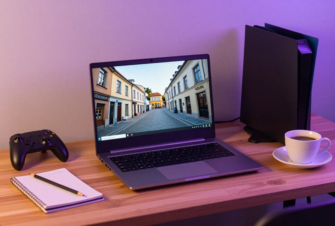Von hinten gesehener Laptop auf einem Holztisch, daneben Notizbuch mit Bleistift und Kaffeetasse im Abendlicht
