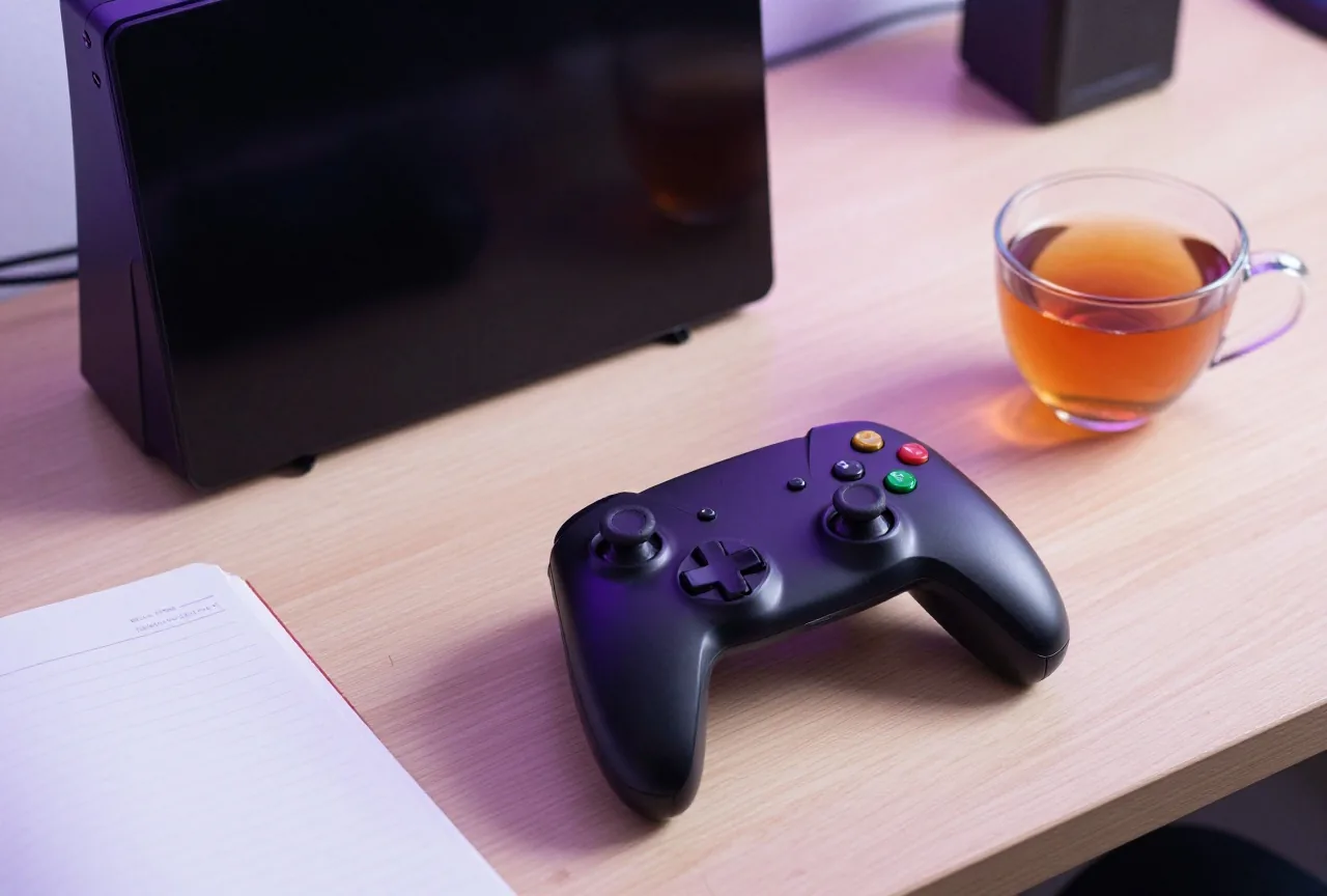 Gamepad und geschlossenes Notizbuch auf hellem Holztisch neben einer Tasse Tee